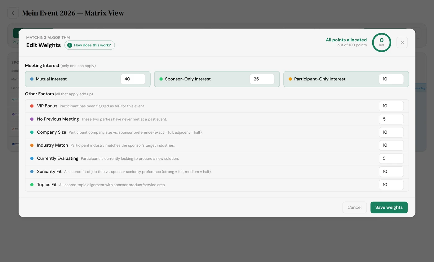 Meetora matching algorithm weight editor with sliders for mutual interest, industry match, company size, and other ranking factors