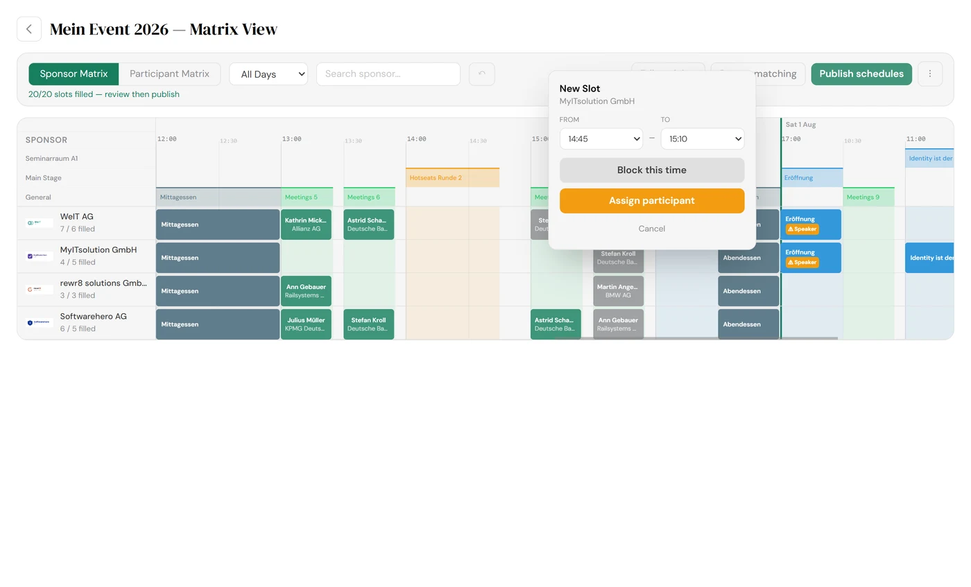 Meetora sponsor matrix schedule view with a new meeting slot being assigned to a participant